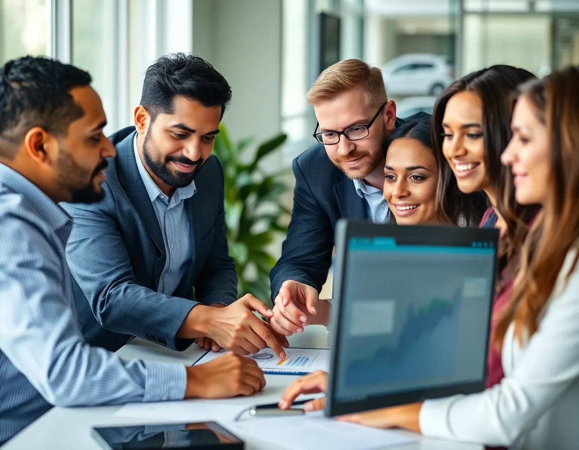A diverse team of professionals analyzing data on a computer screen.