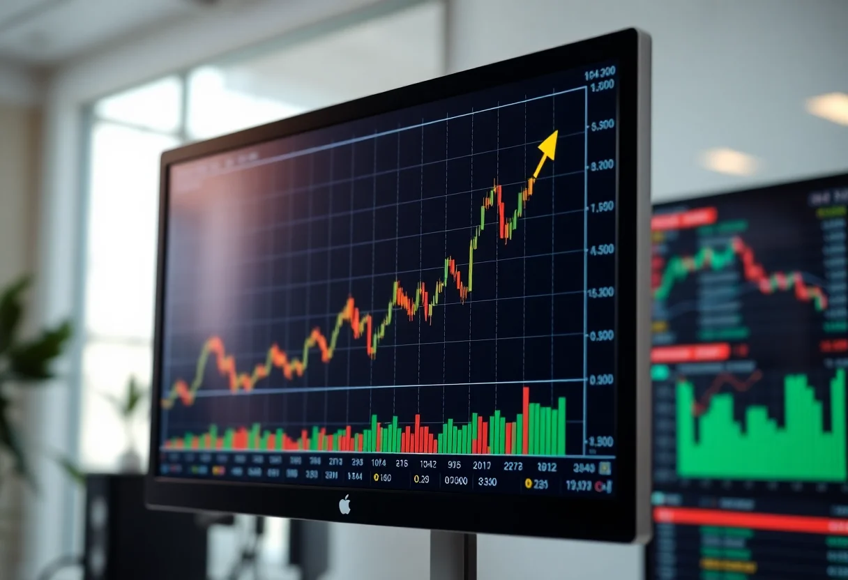 A financial chart on a screen showing positive growth