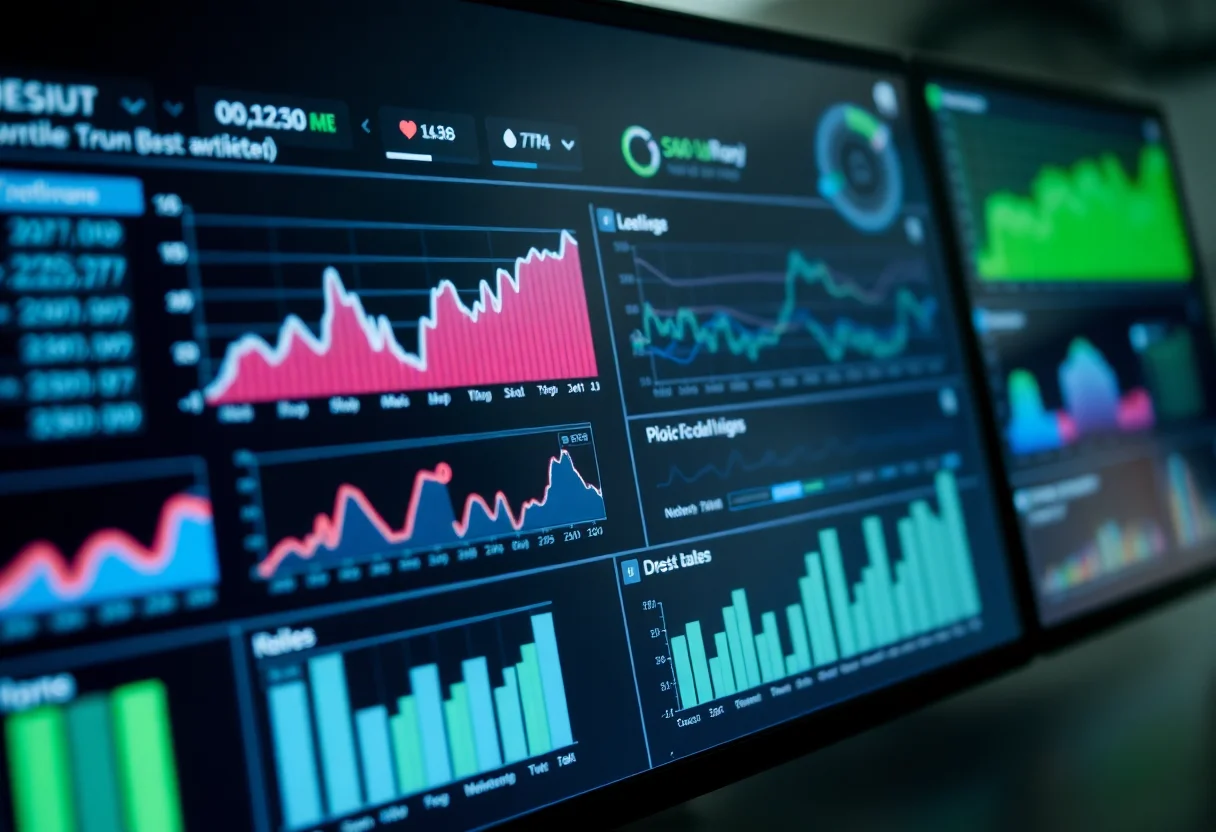 A modern financial technology dashboard showing graphs and data analytics
