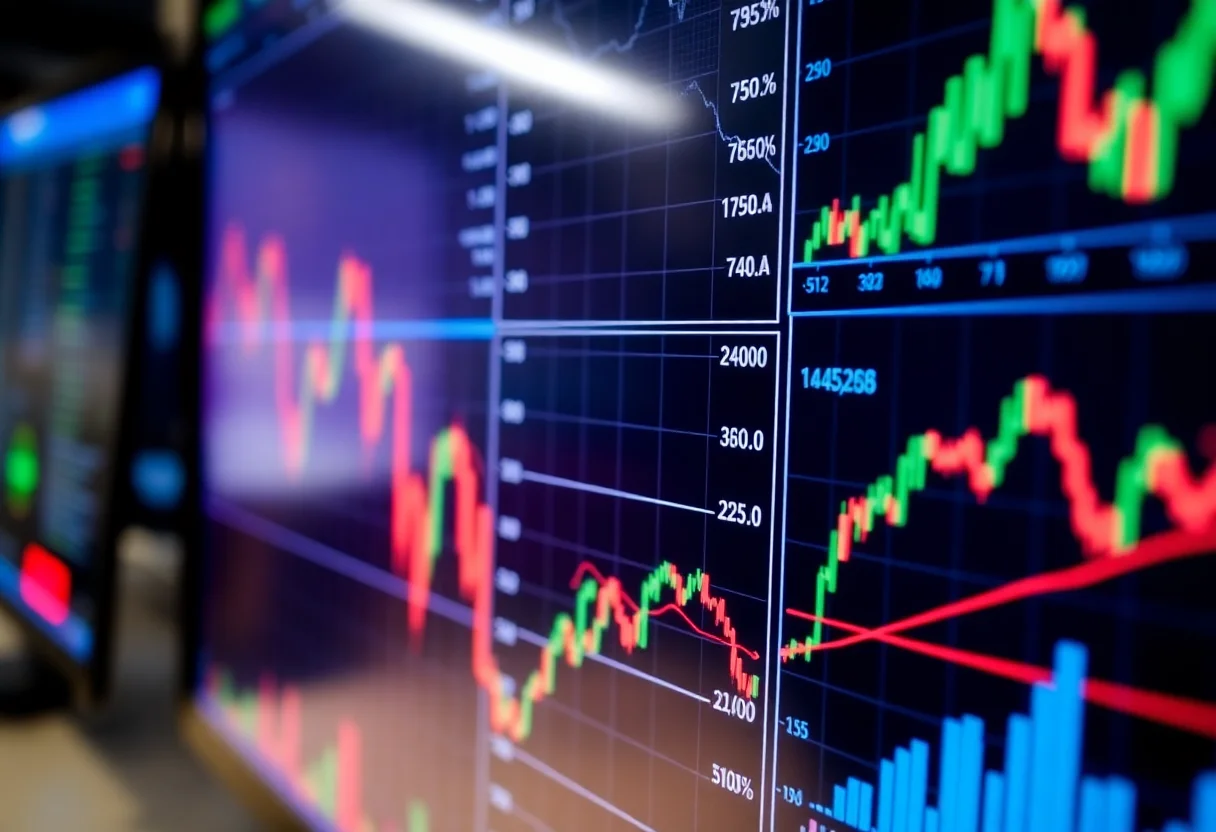 Close-up of a screen displaying complex stock market data and charts