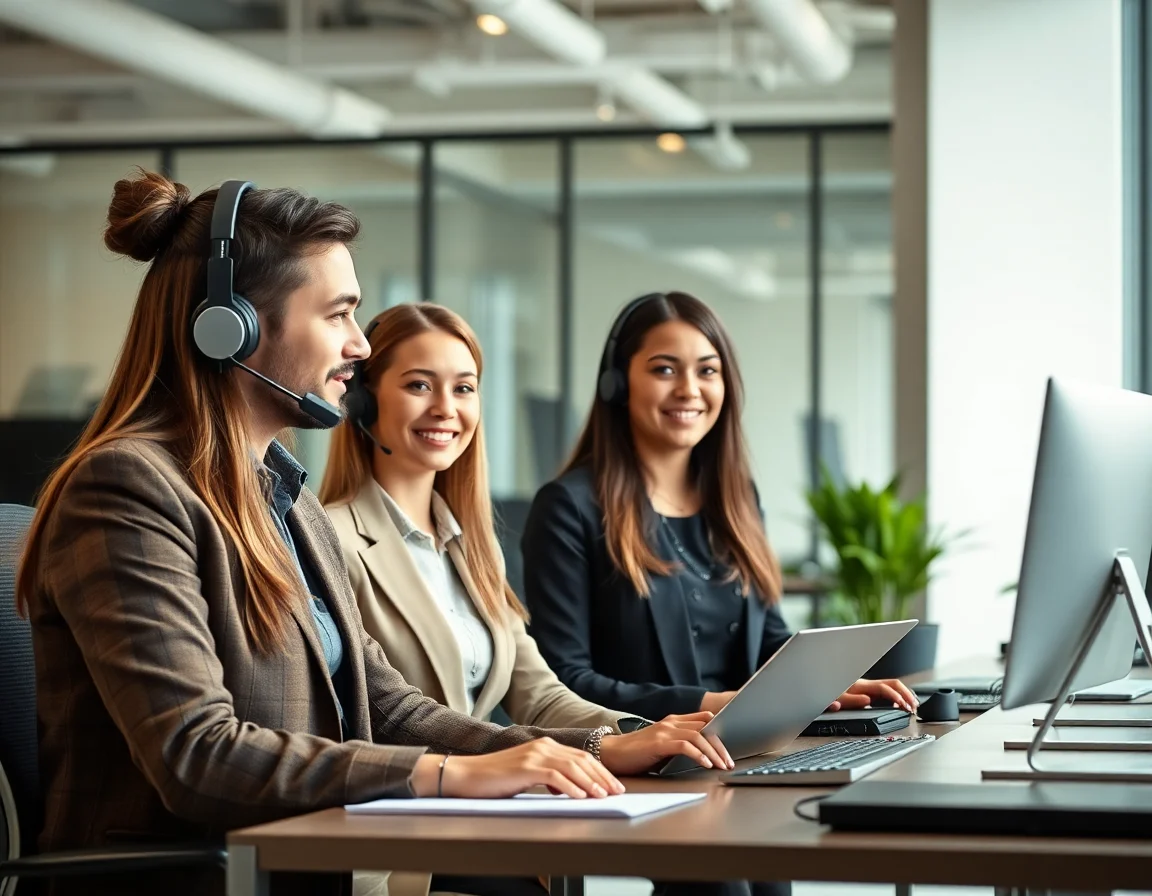 Professional customer support team in a modern office environment.